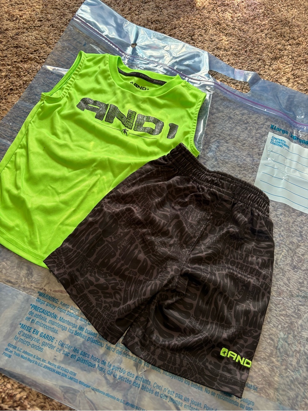 And1 Neon Green Sleeveless Top with Black Patterned Athletic Shorts